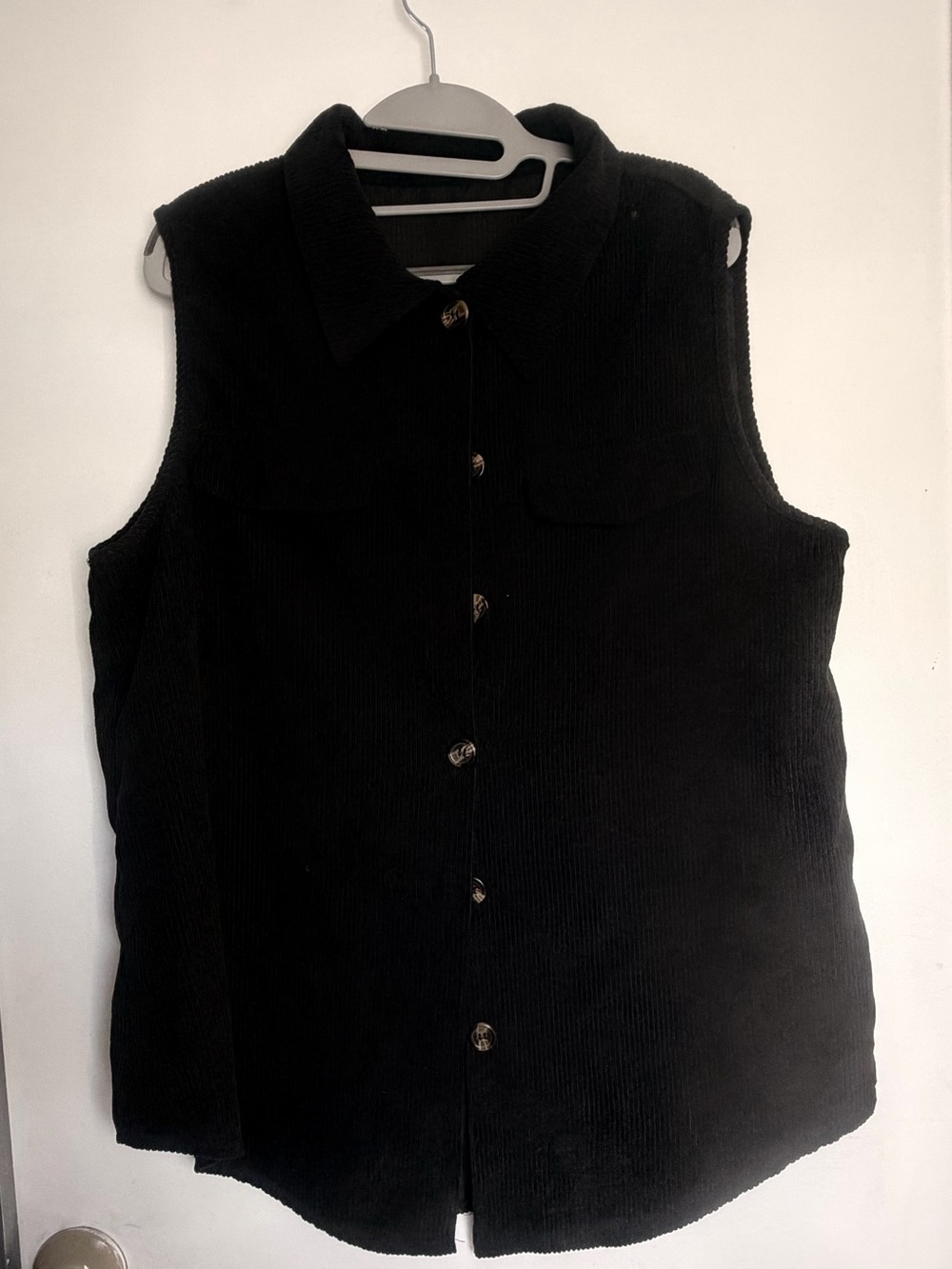Black Corduroy Sleeveless Button-Front Vest